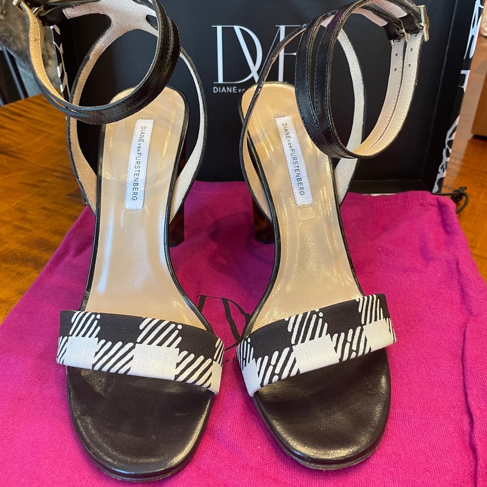 DVF Large Gingham black/white 4” heels. Ankle strap.